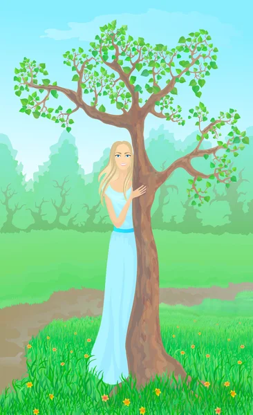 Piękna młoda kobieta obok drzewa. EPS 10 — Wektor stockowy