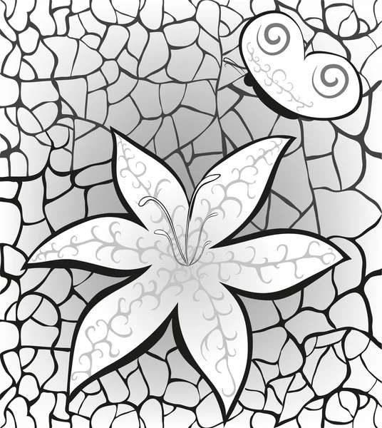 Λουλούδι και πεταλούδα σε γκρι φανταχτερό φόντο με σχέδια. EPS 10 — Διανυσματικό Αρχείο