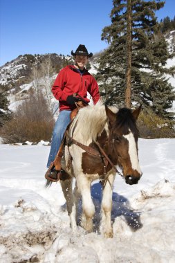 Man horseback riding in snow. clipart