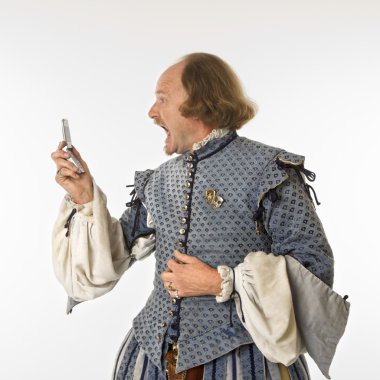 Shakespeare screaming at cell phone. clipart