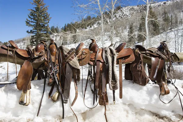 Western Saddles on a Rail — Stock Photo, Image