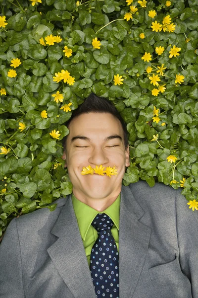 Lächelnder Geschäftsmann im Blumenbeet — Stockfoto