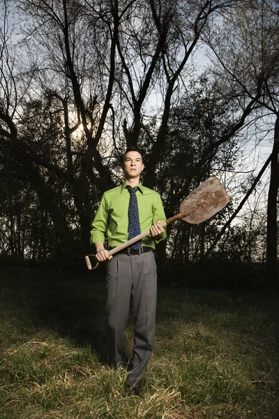 Young Businessman Holding Shovel — Stock Photo, Image