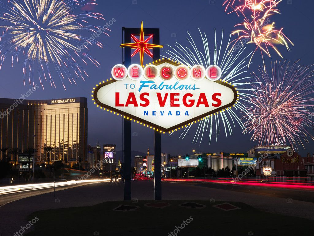 Las Vegas Welcome Sign with Fireworks in Background Stock Photo by ©iofoto  9227053