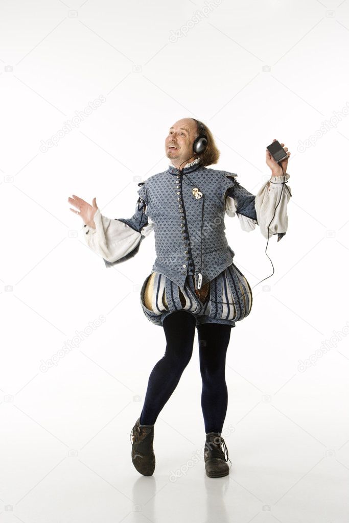 Shakespeare dancing with headphones.