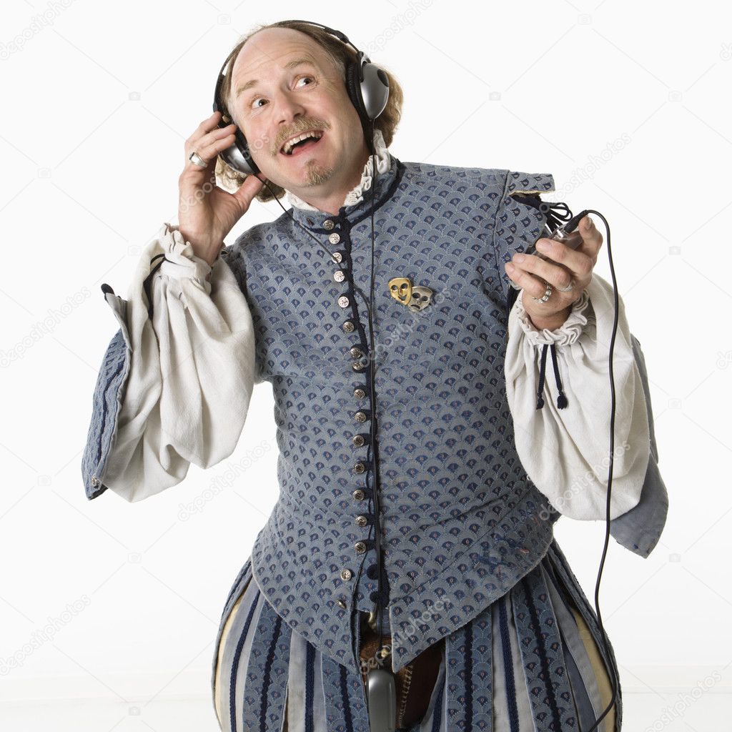 Shakespeare listening to headphones.