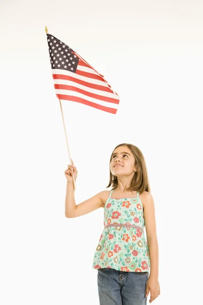 Meisje bedrijf Amerikaanse vlag. — Stockfoto