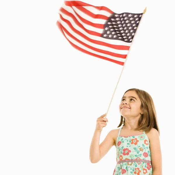 Dívka hospodářství americká vlajka. — Stock fotografie