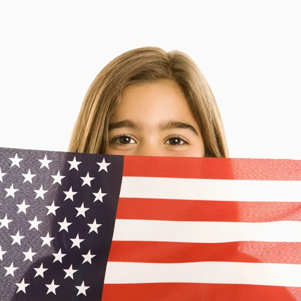 Fille tenant drapeau américain . — Photo