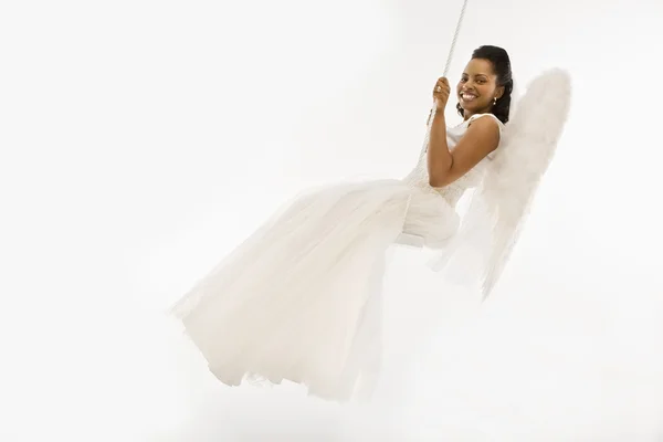 Angelic bride on swing. — Stock Photo, Image
