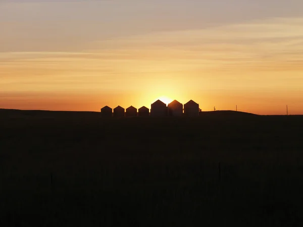 Fila de casas silhuetas ao pôr do sol — Fotografia de Stock