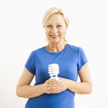 Woman holding lightbulb. clipart