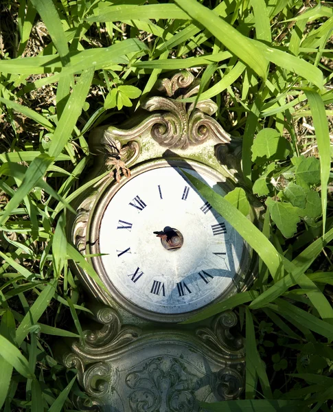 Old broken clock in grass. — Stock Photo, Image