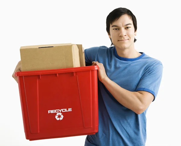 Man holding recycling bin. — Stock Photo, Image