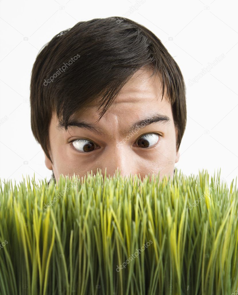 Cross-eyed man behind grass.