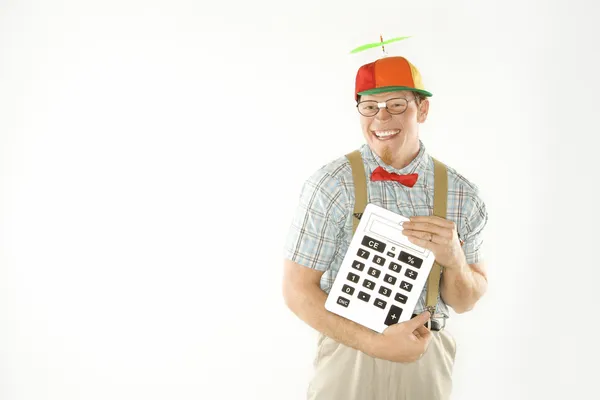 Nerd holding calculator. — Stock Photo, Image