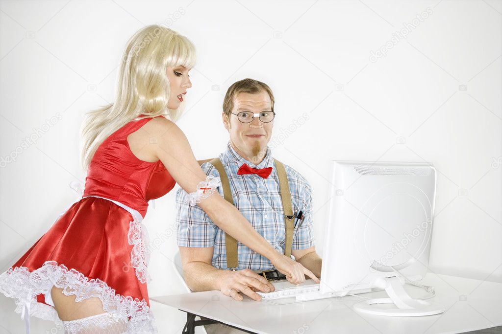 Man and woman with computer.