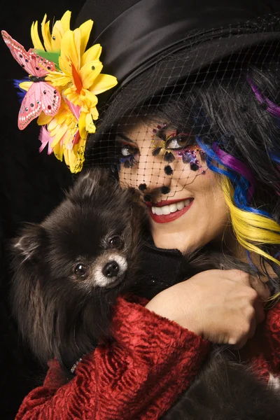 Woman with Pomeranian dog.