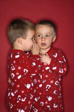 Boy twin brothers whispering. clipart