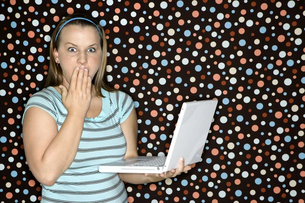 Woman with laptop looking shocked. — Stock Photo, Image