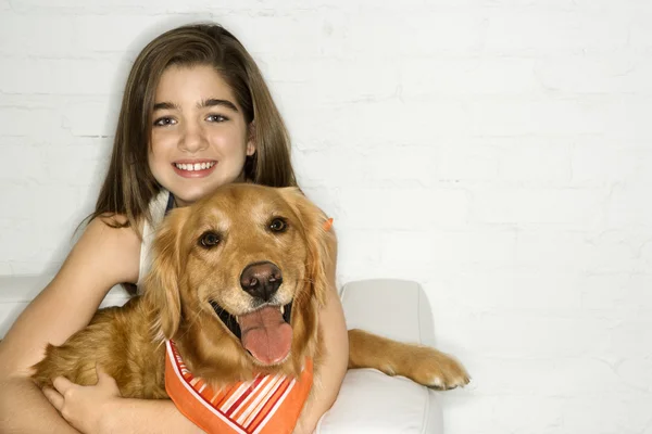 Smiling girl and dog. — Stock Photo, Image