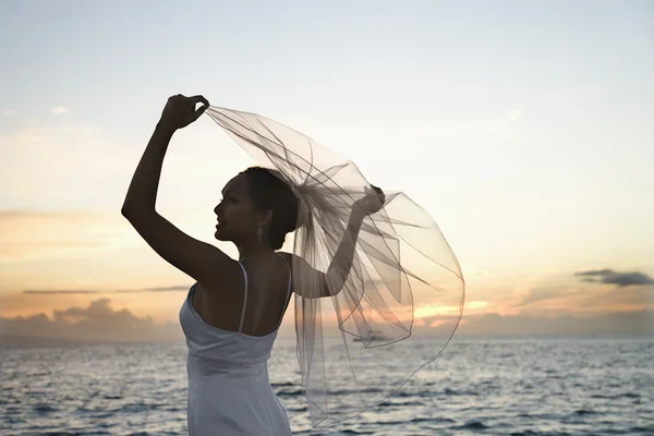 Noiva segurando véu na praia . — Fotografia de Stock