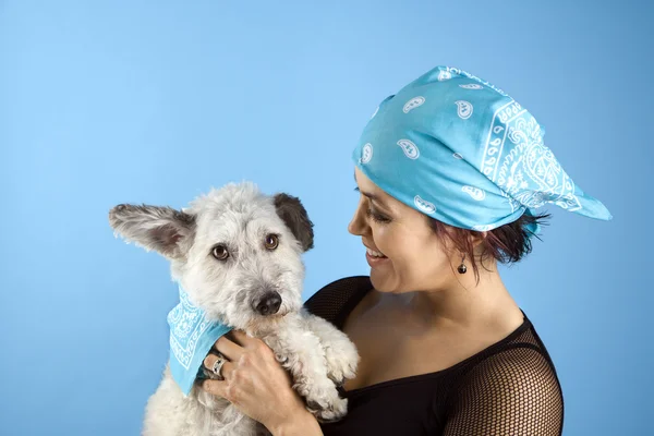 Woman and dog wearing bandanas. — Stock Photo, Image