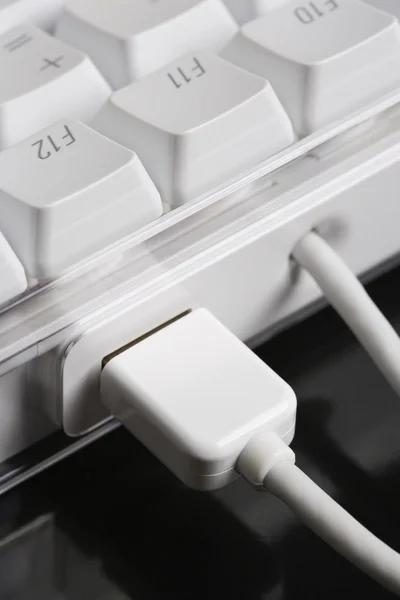 Cordões conectados ao teclado do computador . — Fotografia de Stock
