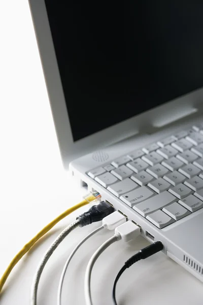 Kabel in Laptop gesteckt — Stockfoto