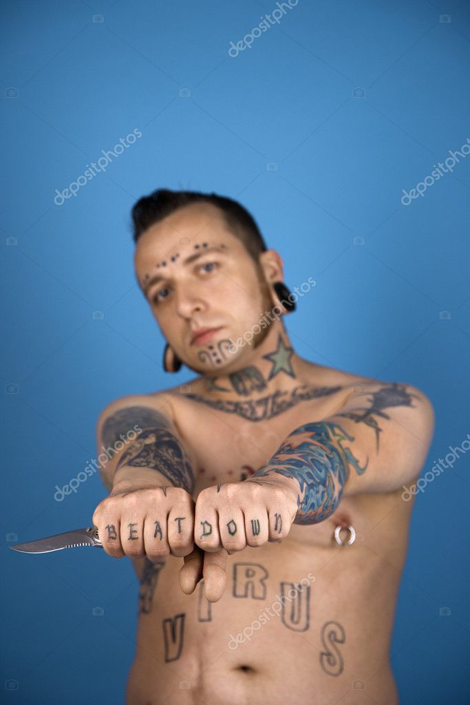 Muscular Chest with Knife and Axe Tattoos | AI Image Generator