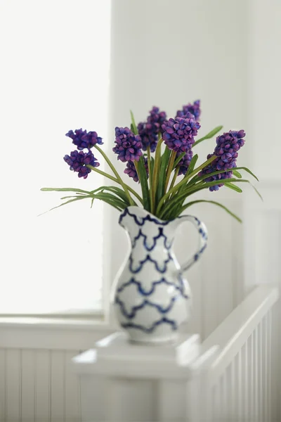 Fioletowe kwiaty w wazon dzbanek. — Zdjęcie stockowe