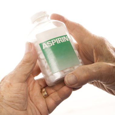 Hands holding aspirin bottle. clipart