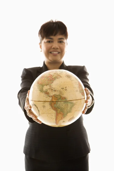 Businesswoman holding globe. — Stock Photo, Image