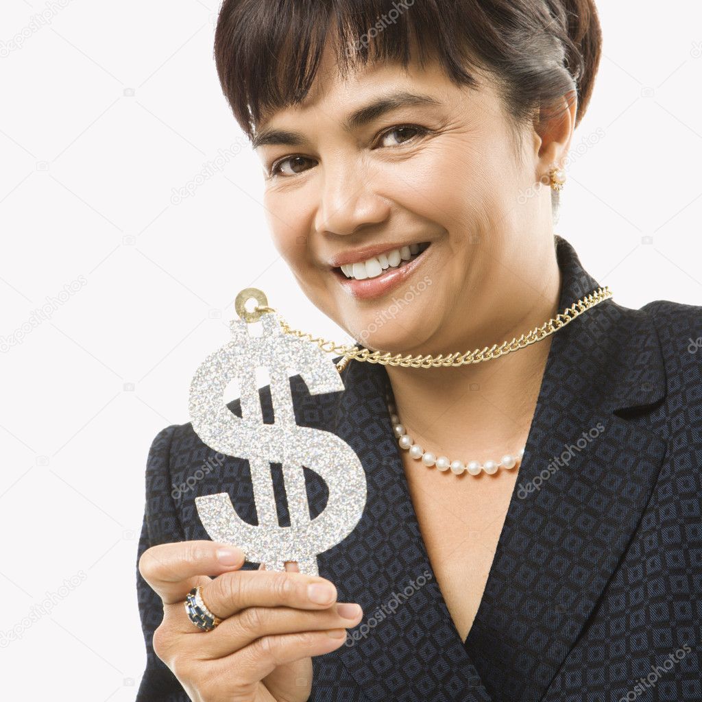 Woman wearing dollar sign.