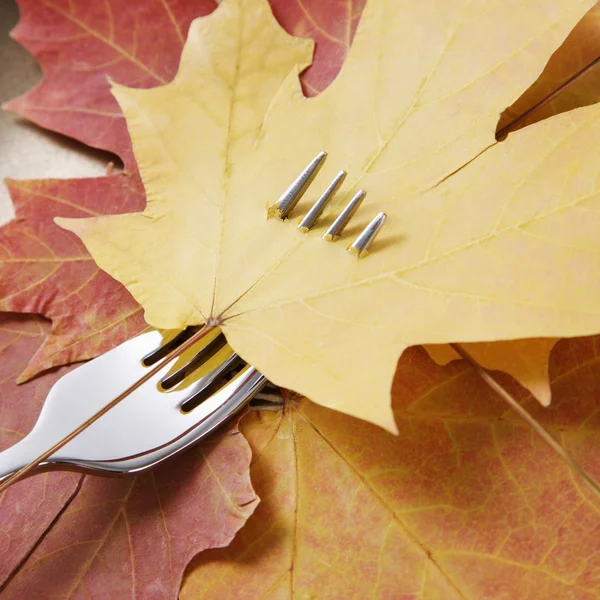 Maple leaf on fork. — Stock Photo, Image