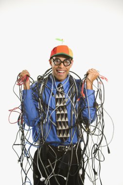 Man wrapped in cables. clipart