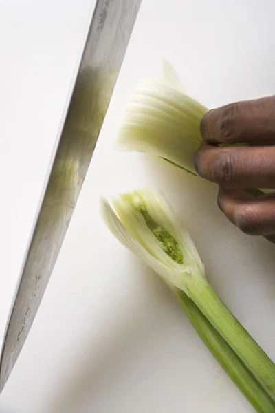 Knife chopping fennel. — Stock Photo, Image