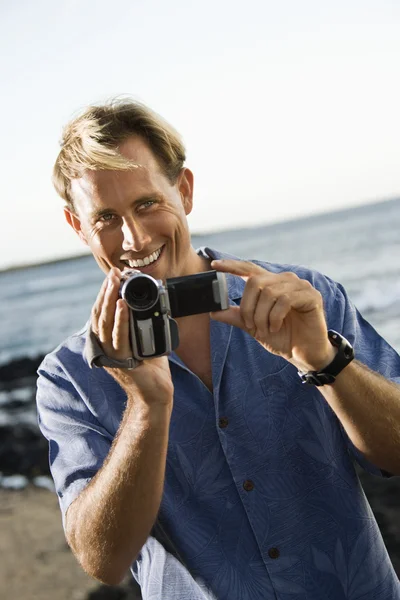 Smiling Man With Video Camera — Stock Photo, Image