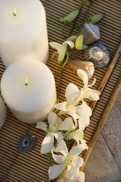 Kerzen und Orchideen. — Stockfoto