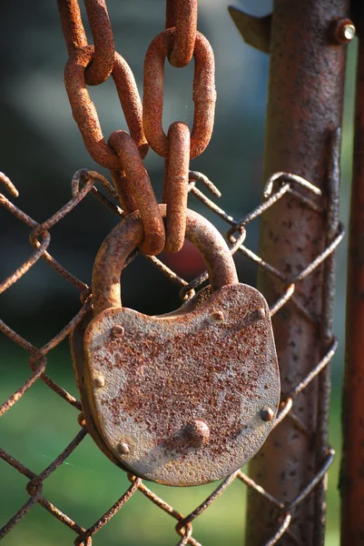 Rusty padlock, iron chain, net — Stock Photo, Image