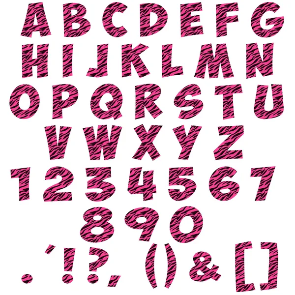 Sıcak pembe zebra alfabesi harfleri, sayıları & sembolleri — Stok fotoğraf