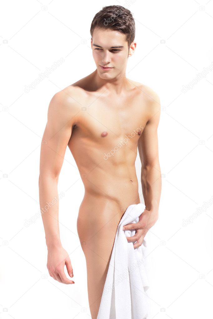 Semi naked young fitness man smiling