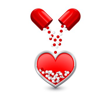 Capsule is divided in half pours red white granules in the heart clipart