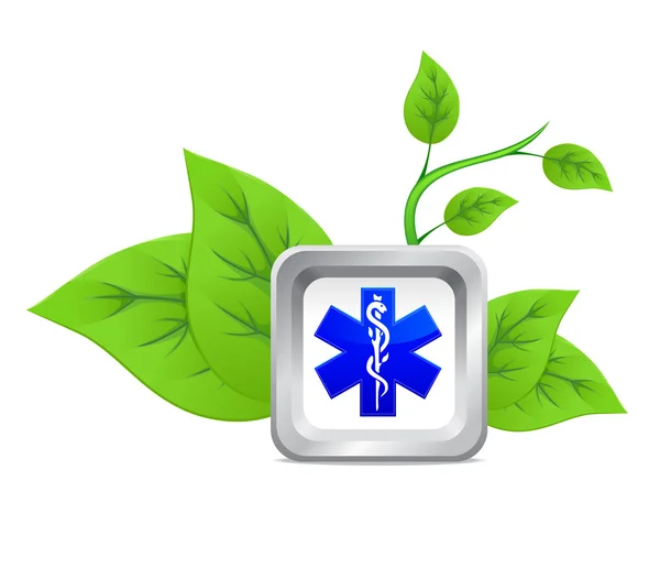 Icona del simbolo del caduceo medico su uno sfondo di pianta verde — Foto Stock