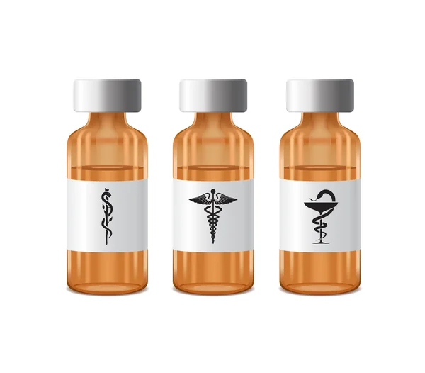 Três garrafas de medicamento com símbolo caduceus — Fotografia de Stock