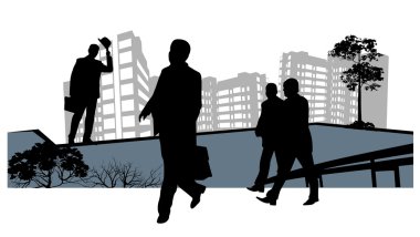 Four men go to work in front of skyscrapers clipart