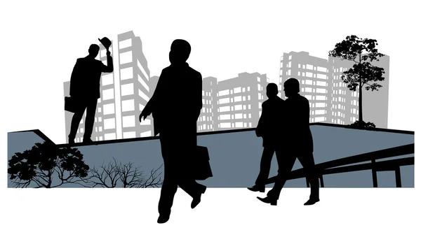 Четверо мужчин идут на работу перед небоскребами — стоковое фото