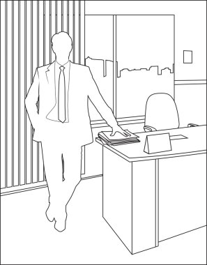 Silhouettes of businessman standing in office clipart