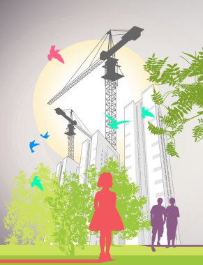 are walking around skyscrapers and lifting cranes clipart