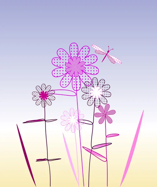 Ostcard met magenta voorjaar bloemen en vlinders — Stockfoto